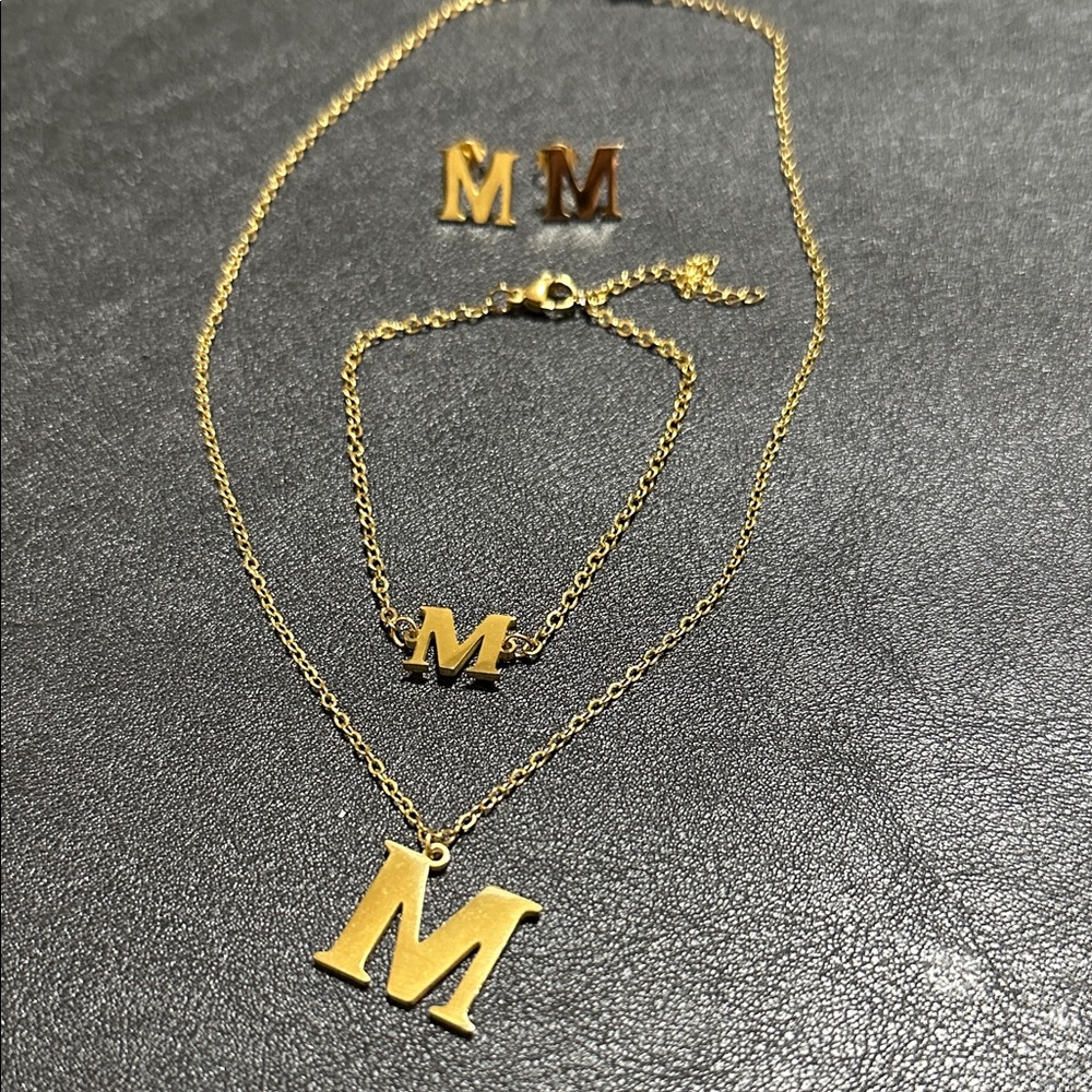 33.  M Initial Goldtone Necklace, Bracelet & Earring Set In Box